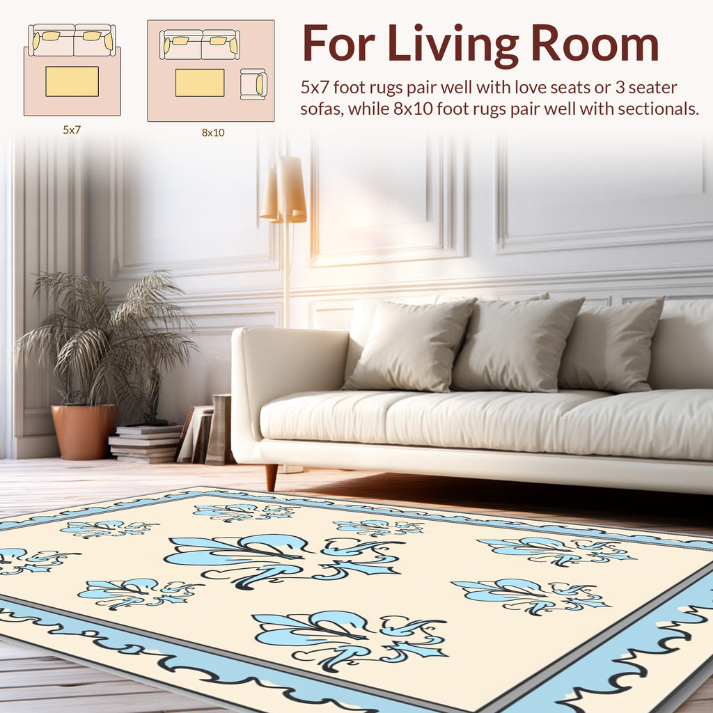 Elegant Cream Blue Floral Motif Rug