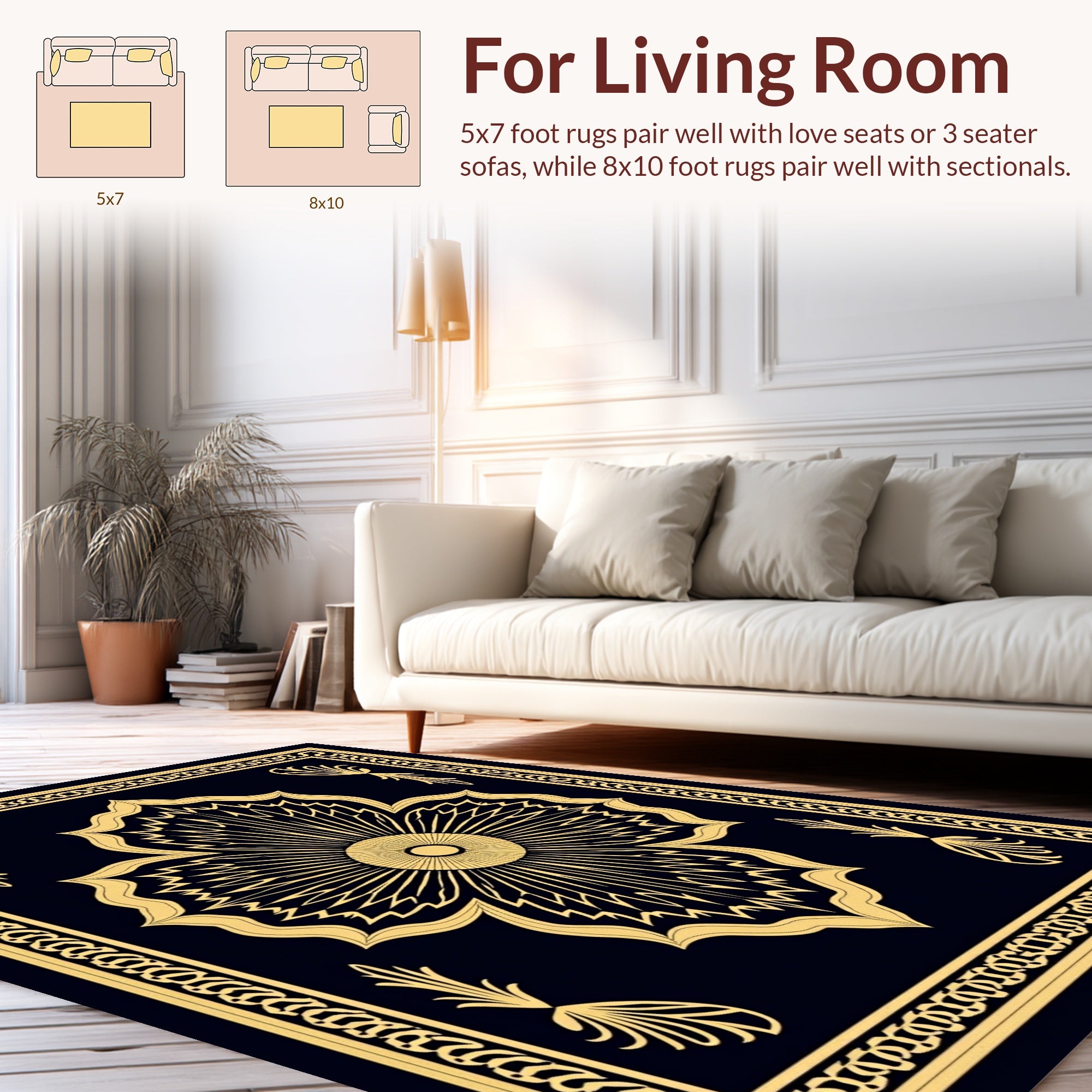 Black Gold Floral Scroll Design Rug