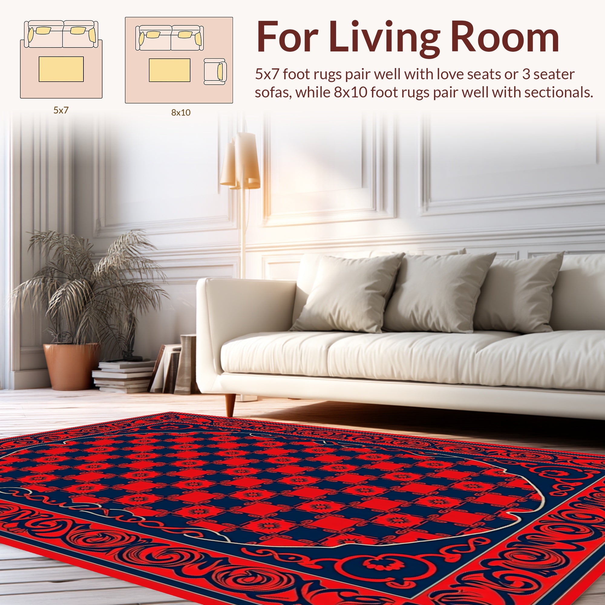 Red Blue Ornate Checkerboard Pattern Rug