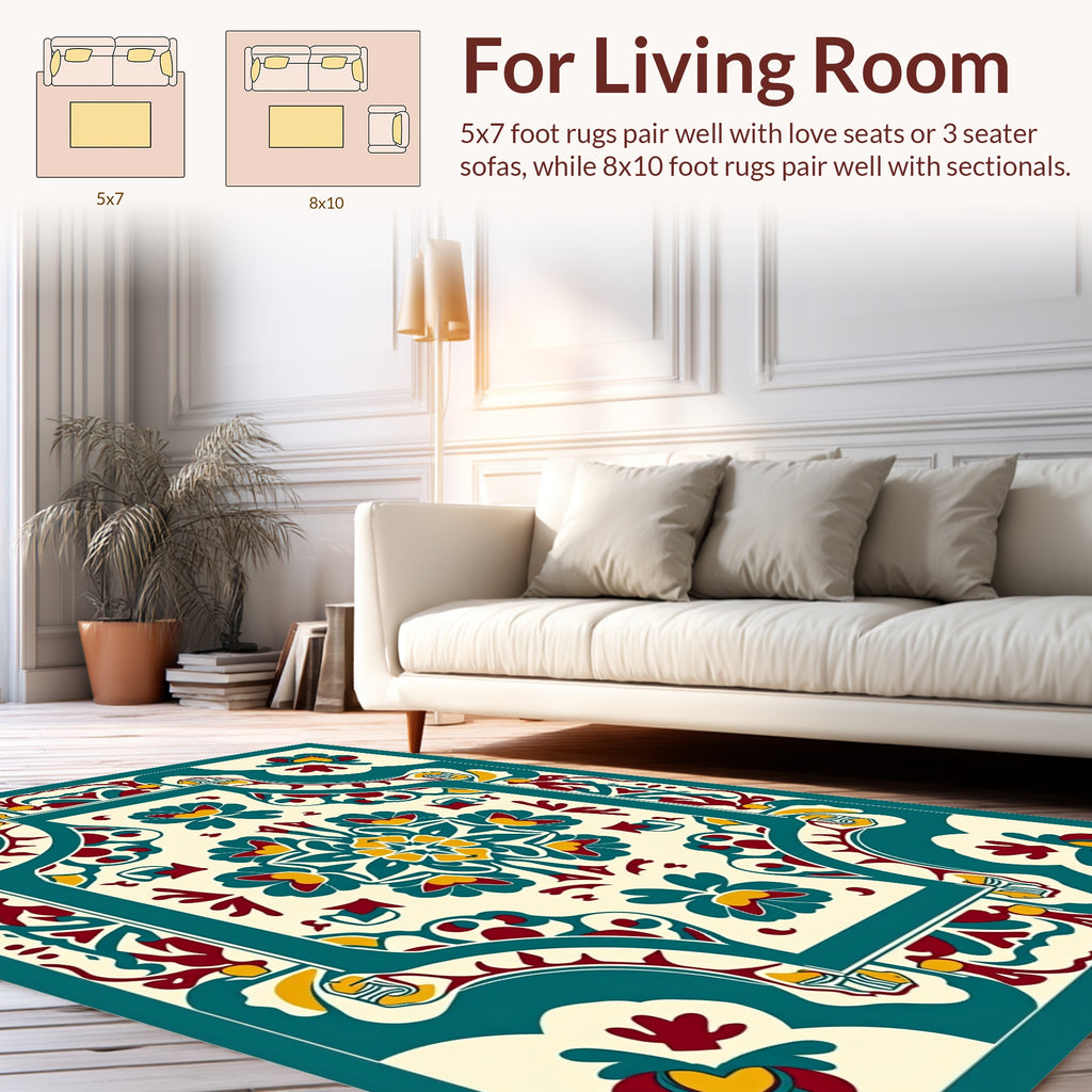 Ornate Teal Crimson Floral Medallion Rug