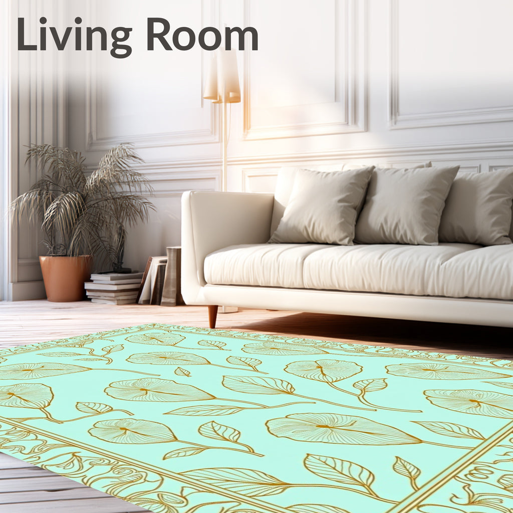 Golden Floral Outline With Mint Background Rug