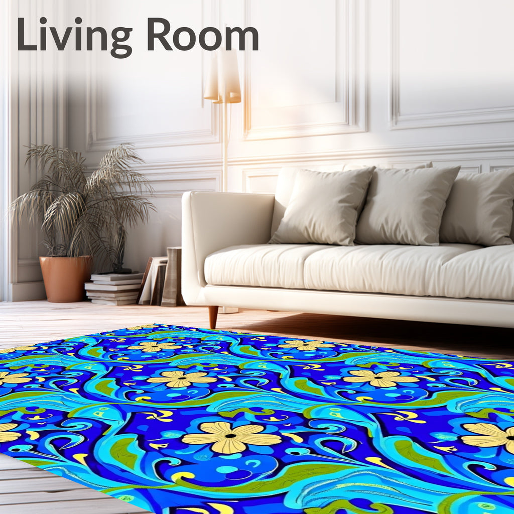 Vibrant Blue Yellow Floral Swirls Rug