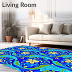 Vibrant Blue Yellow Floral Swirls Rug