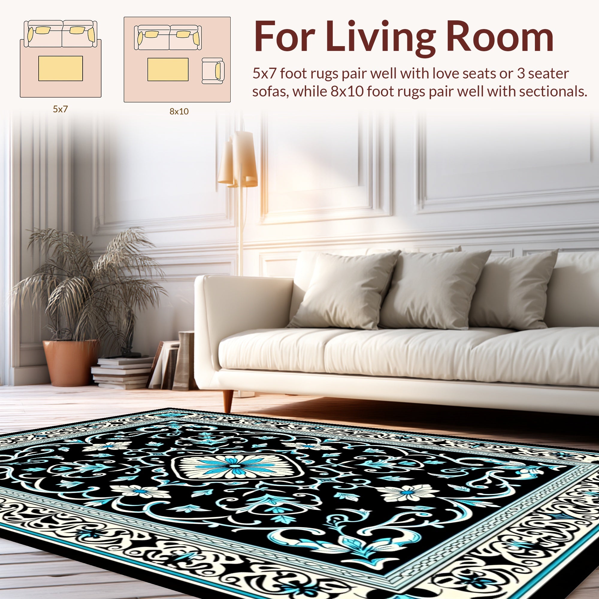Black Teal Floral Scrollwork Design Rug