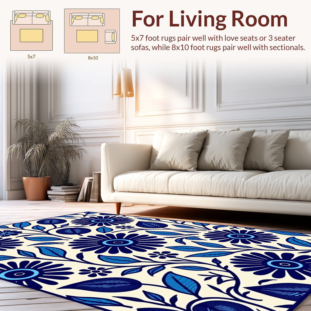 Bold Blue Floral Garden Pattern Rug