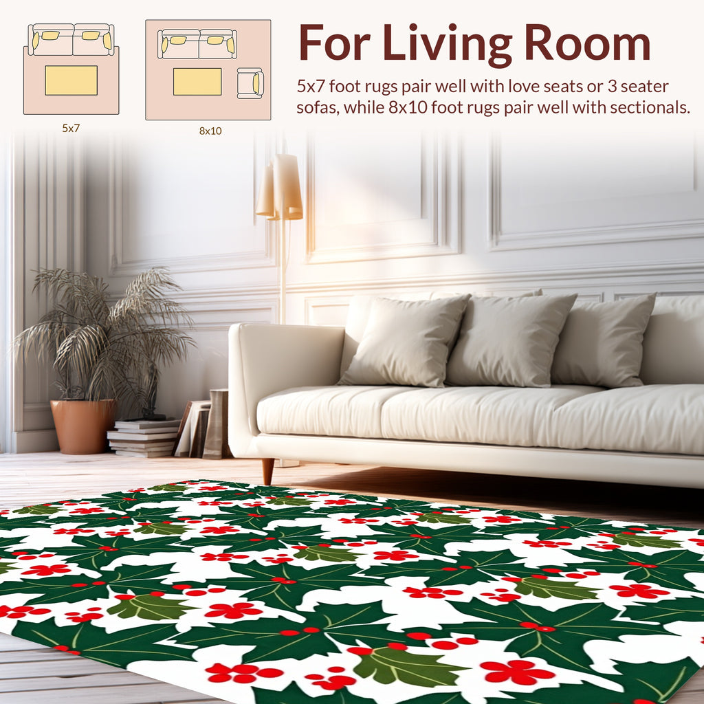 Festive Holly Berry Leaf Pattern Rug