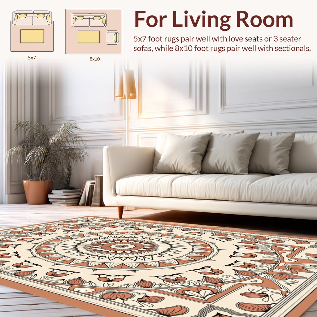 Mandala Floral Patterned Terracotta Rug