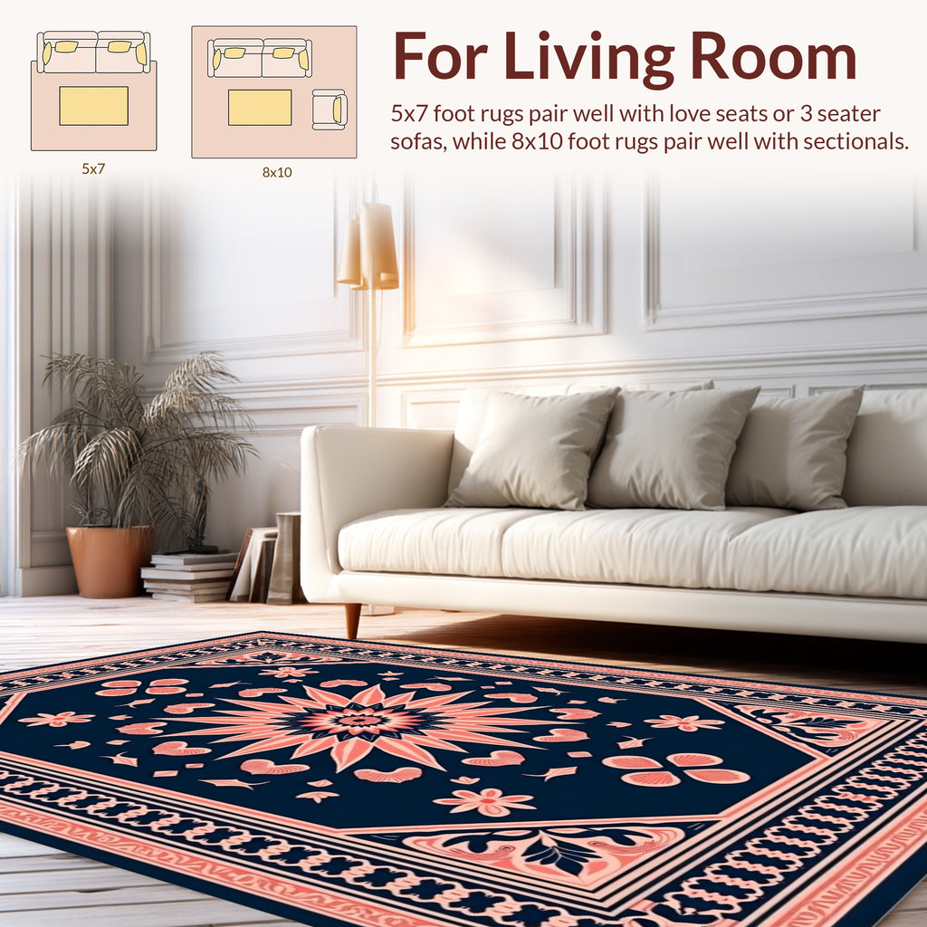Coral And Navy Floral Medallion Rug