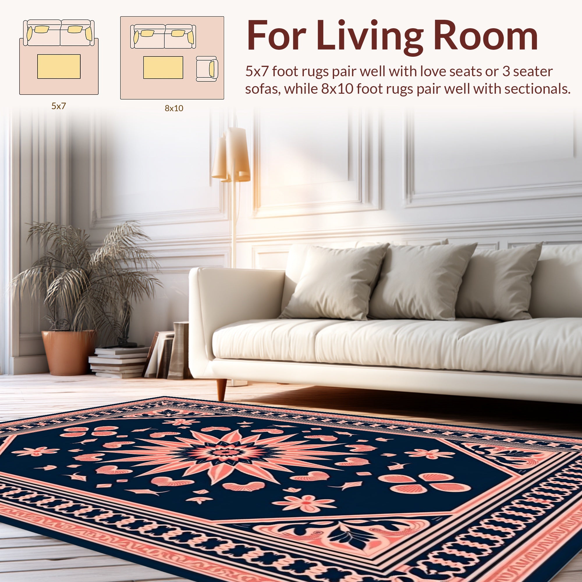 Coral And Navy Floral Medallion Rug