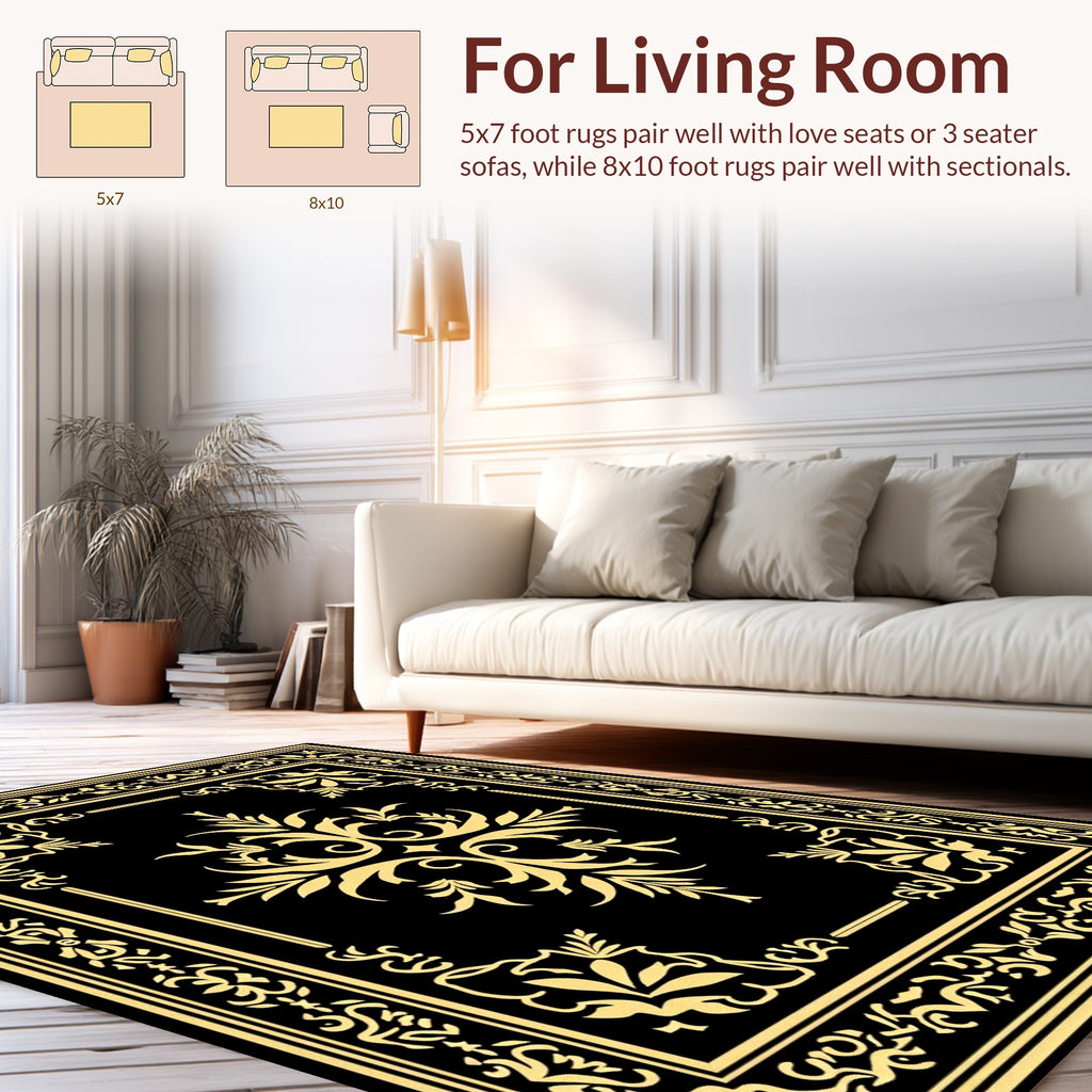 Ornate Floral Black and Gold Rug