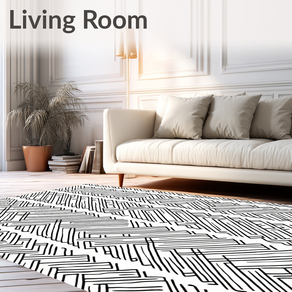 Black White Geometric Maze Pattern Rug