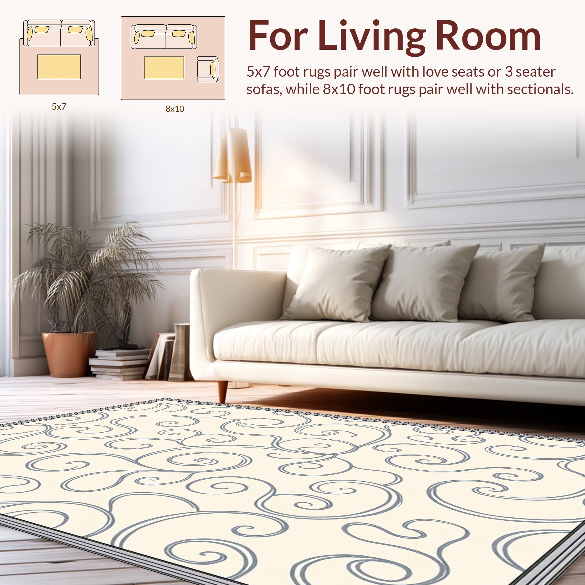 Elegant Swirl Patterned Cream Gray Rug