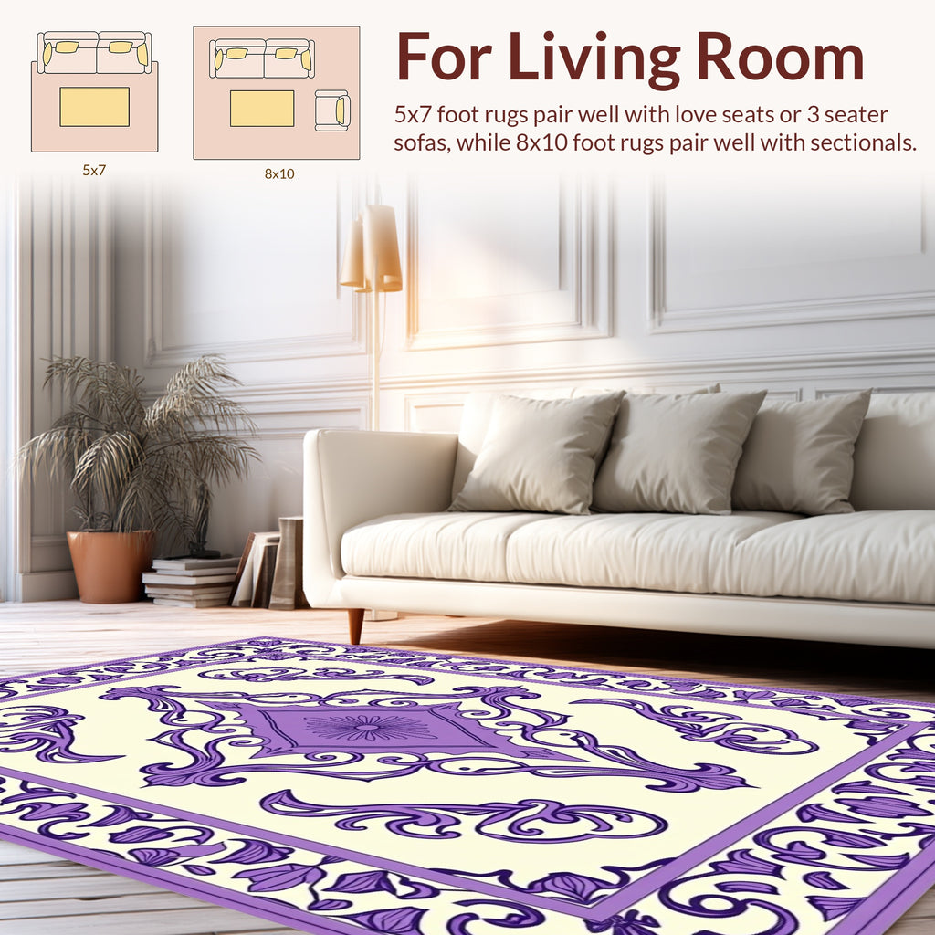 Elegant Purple Floral Scroll Pattern Rug