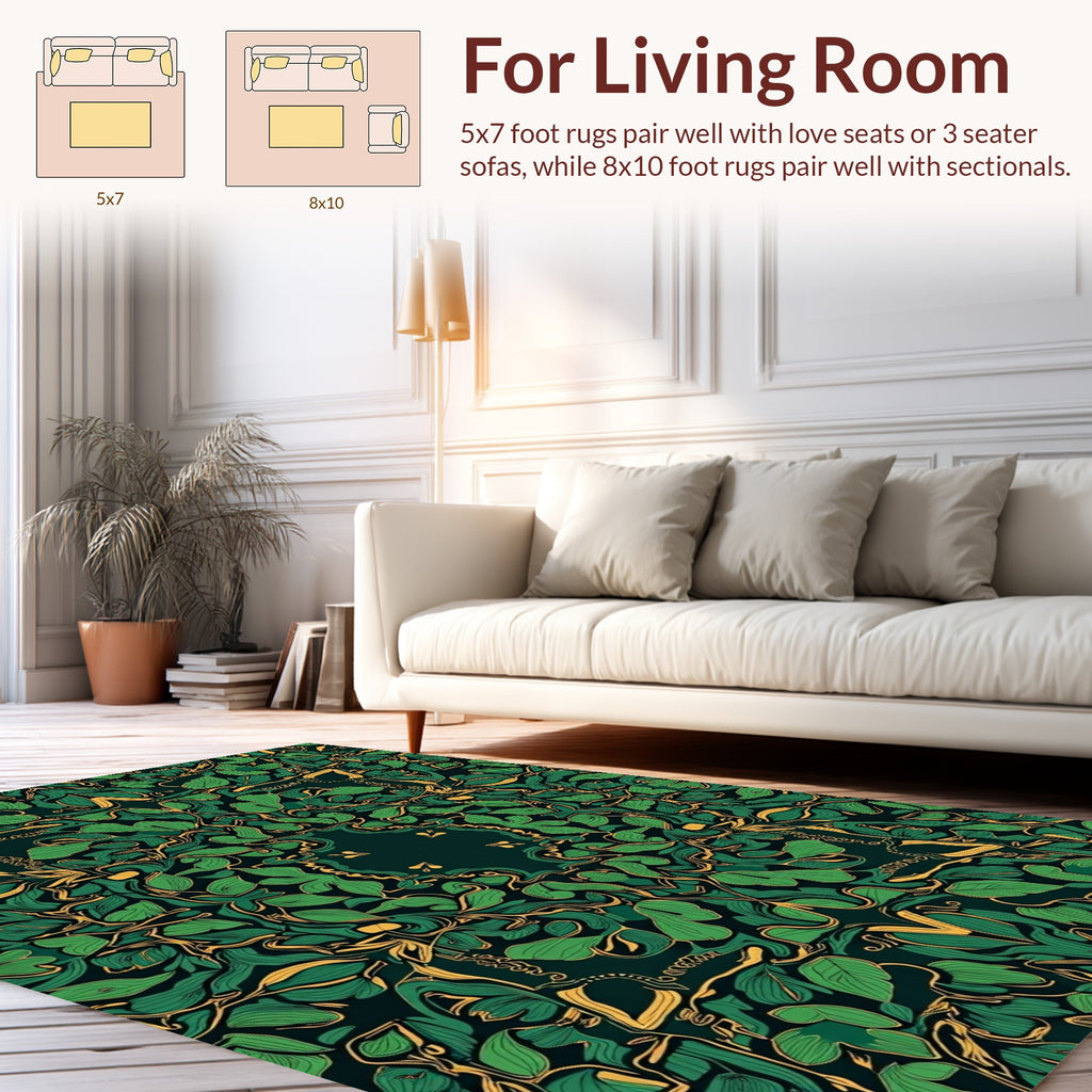 Emerald Green Gold Botanical Pattern Rug