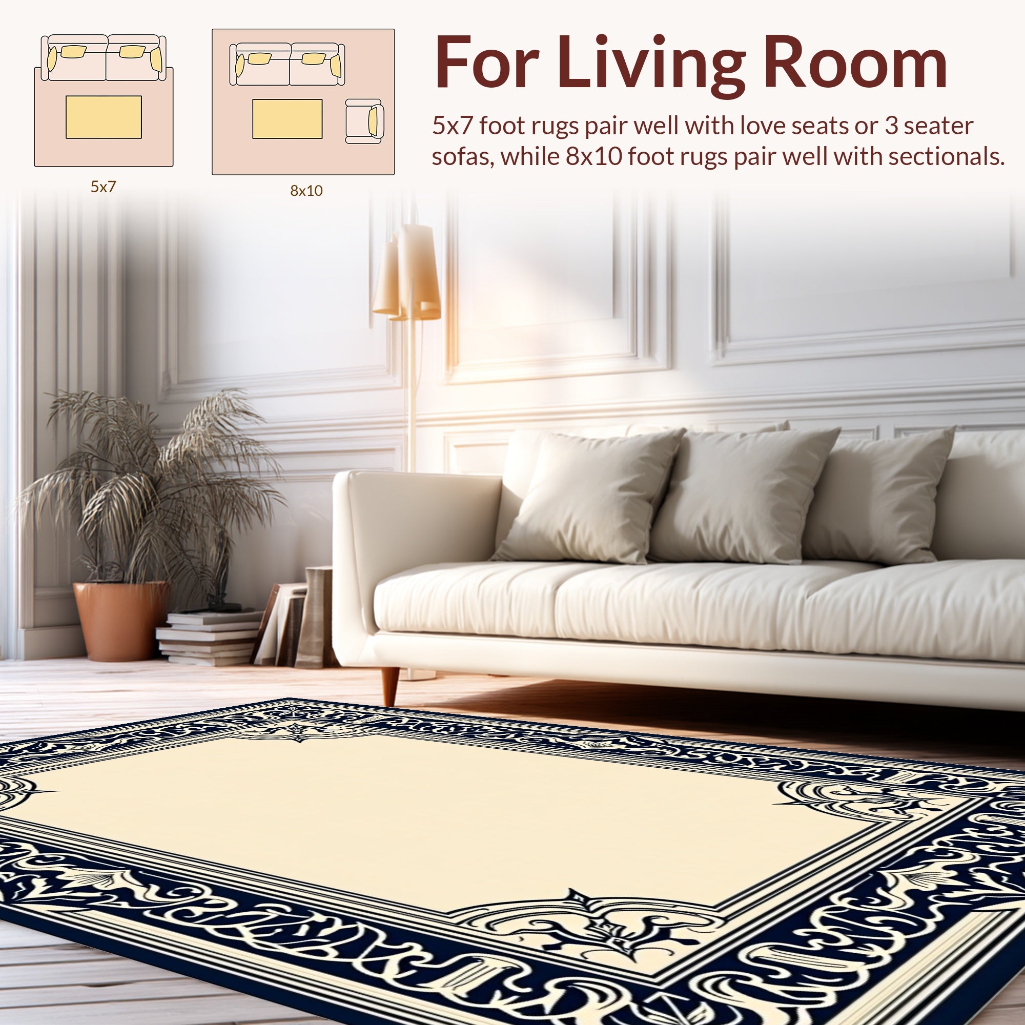 Ornate Navy Floral Border Design Rug