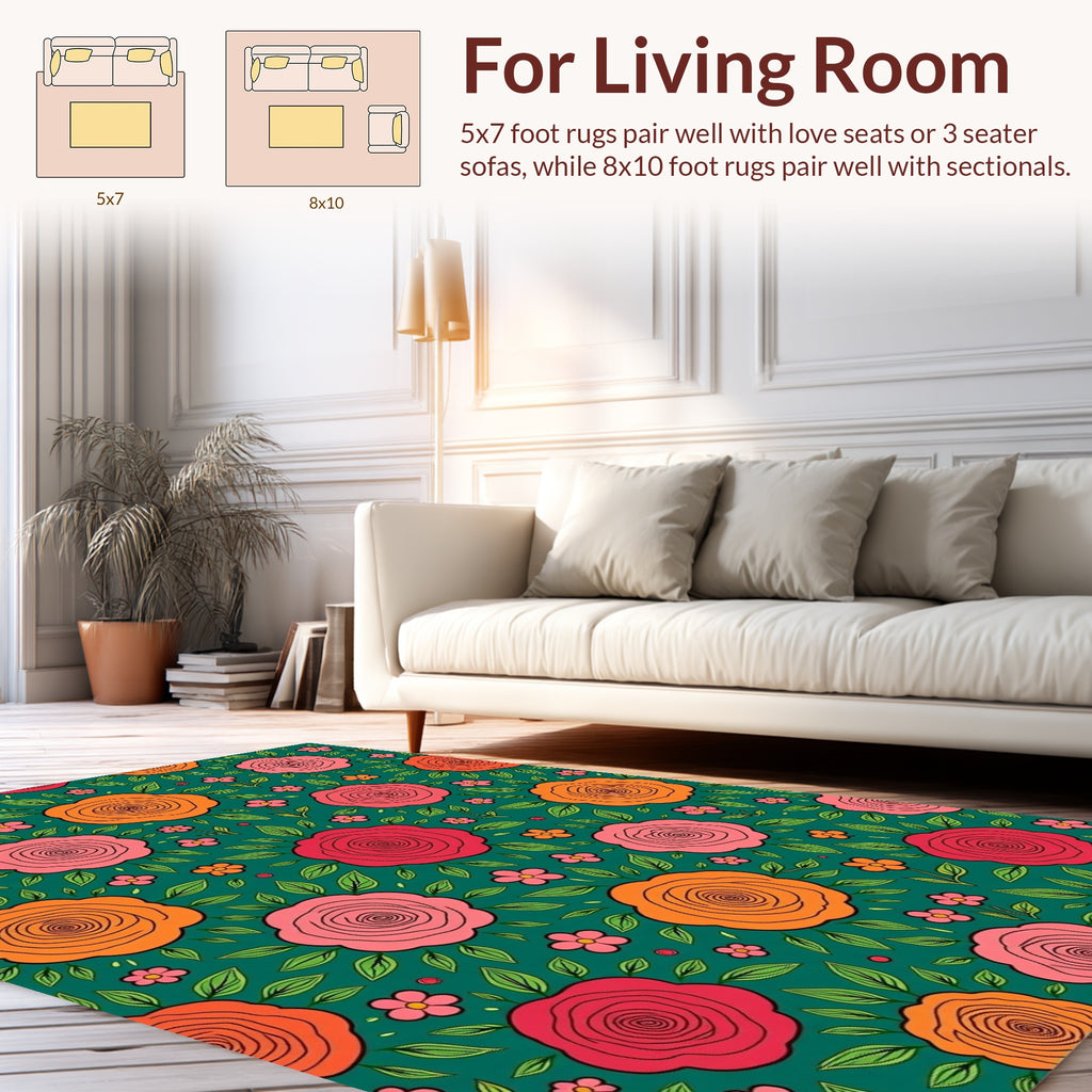 Floral Rose Pattern With Leaves Rug