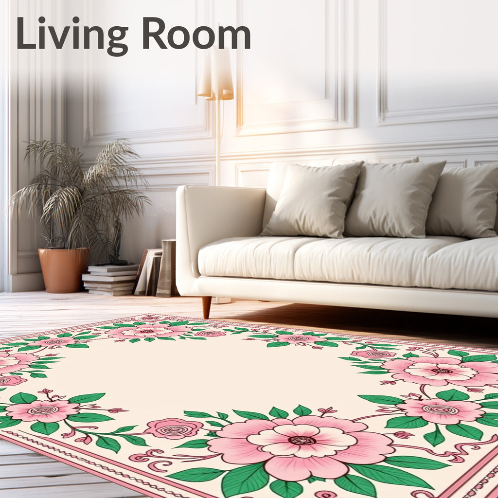 Sweet Pink Floral Garland Border Rug