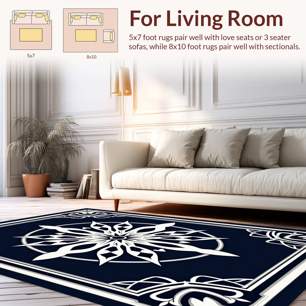 Navy White Abstract Floral Mandala Design Rug