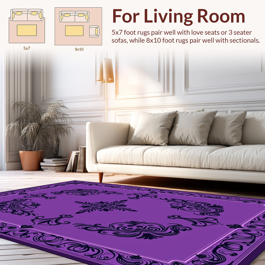Ornate Purple Black Swirl Pattern Rug