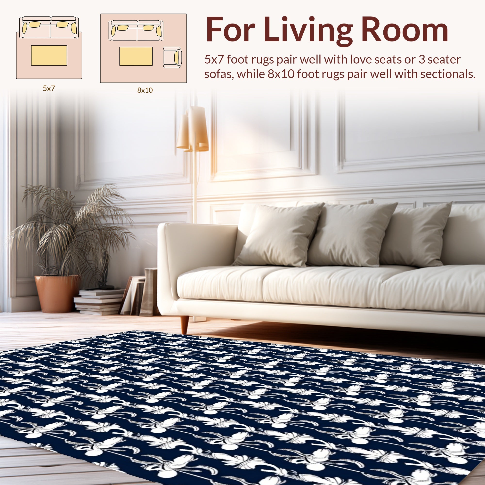 Dark Navy White Floral Scroll Pattern Rug