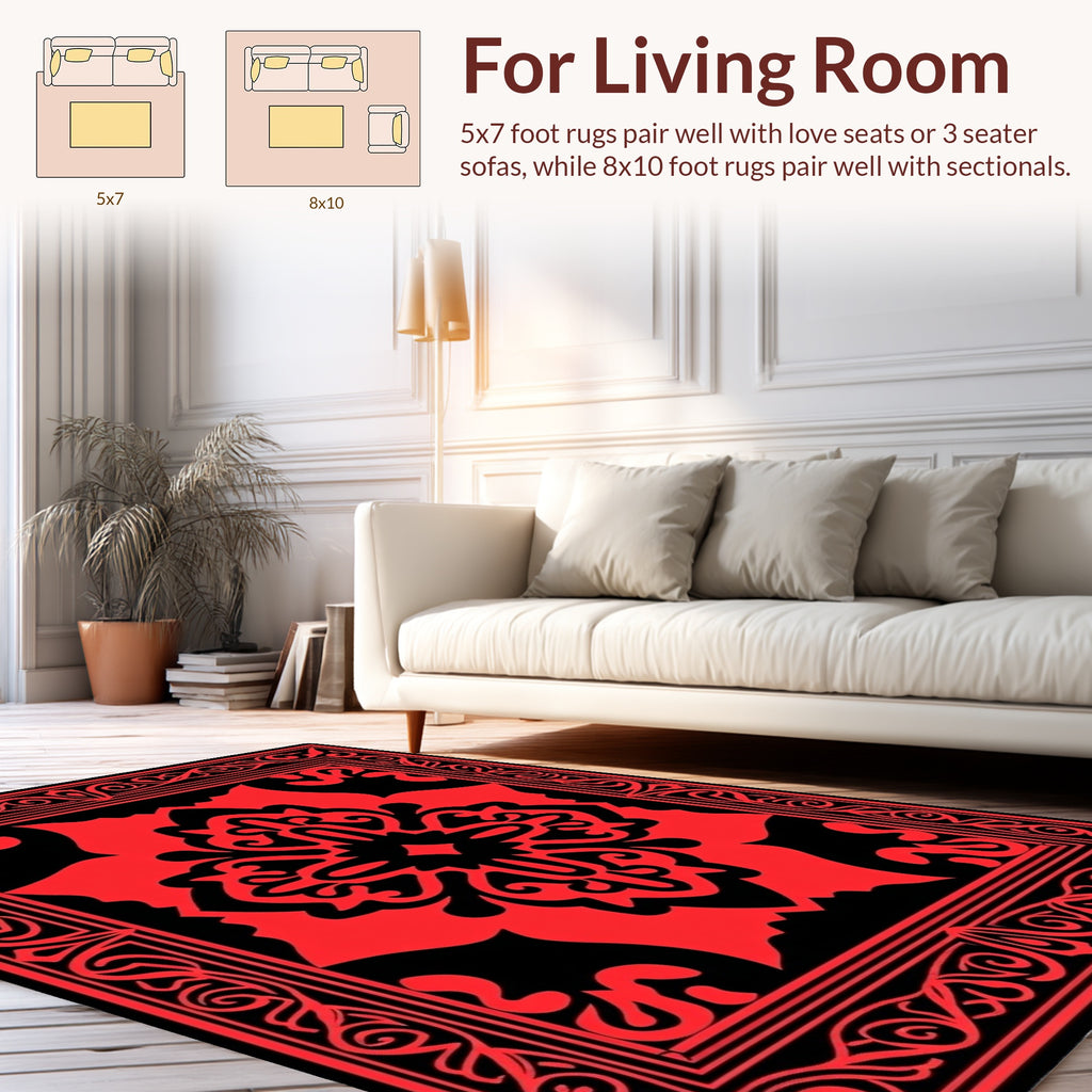 Abstract Red Floral Square Pattern Rug