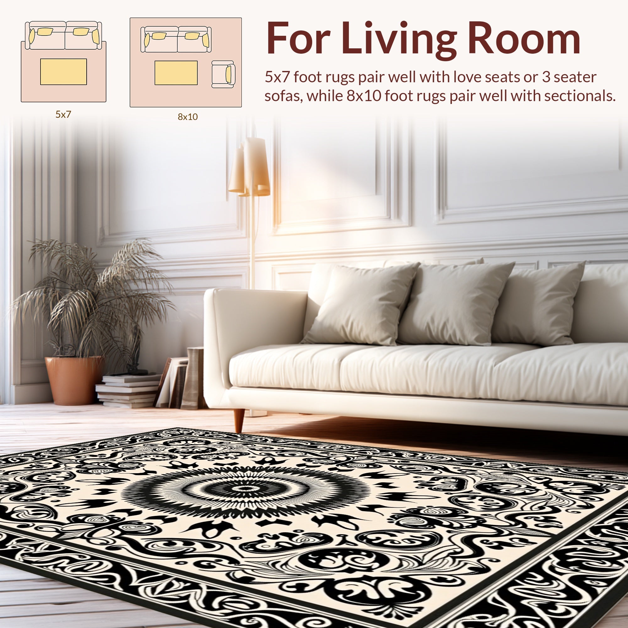 Black White Ornate Mandala Design Rug