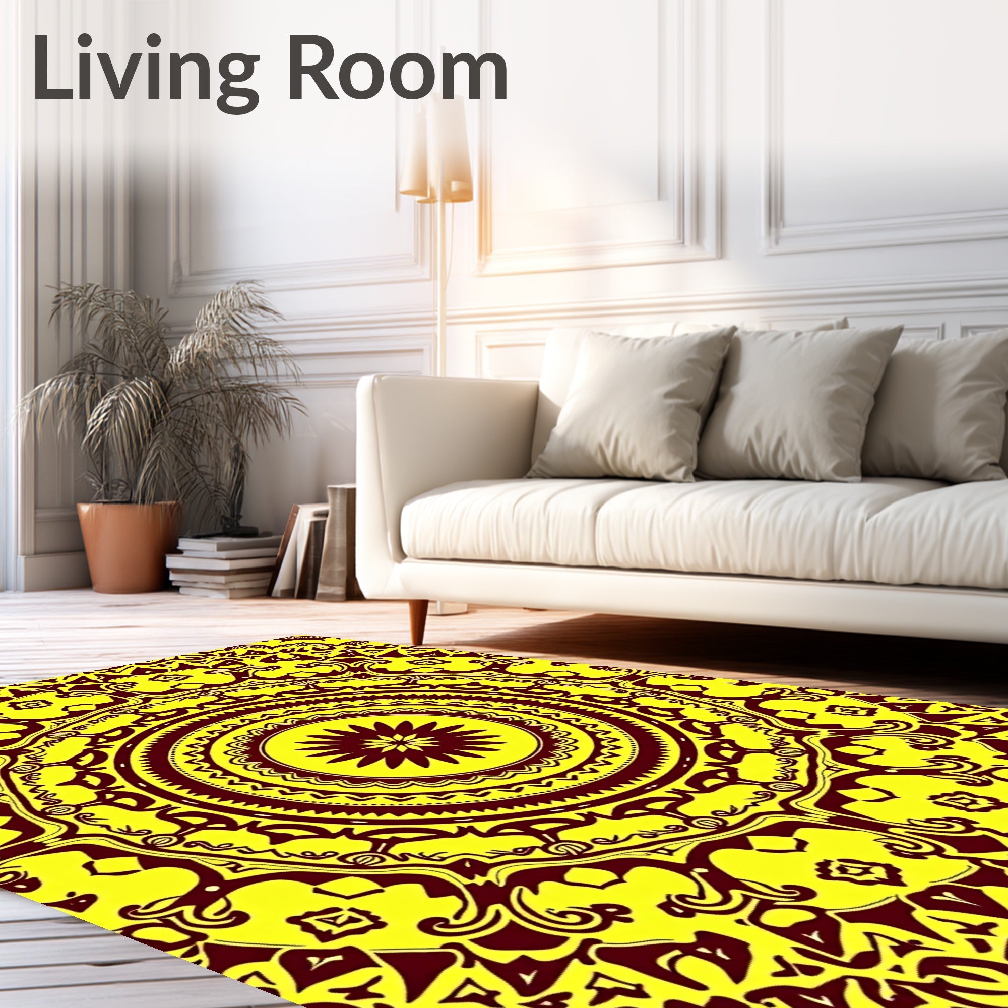Intricate Yellow Maroon Mandala Design Rug