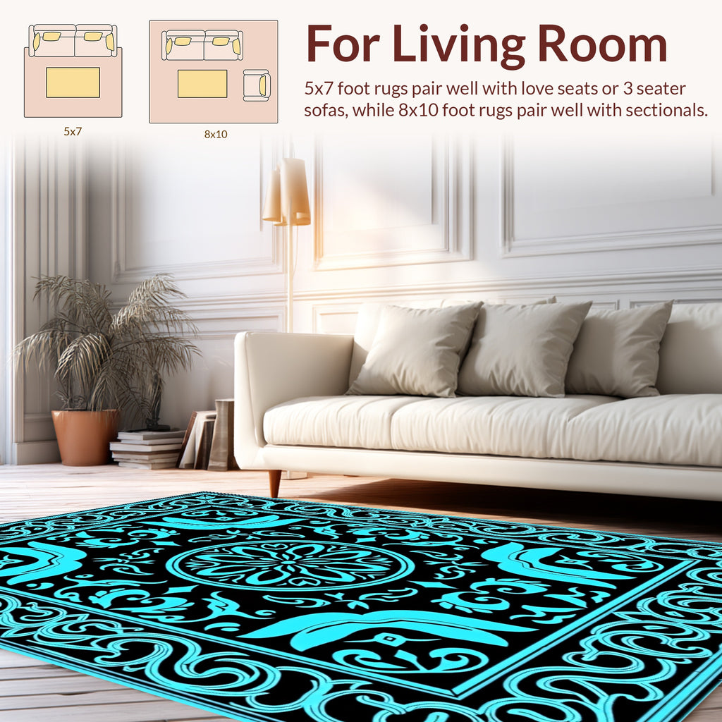 Retro Teal Scrollwork Floral Pattern Rug