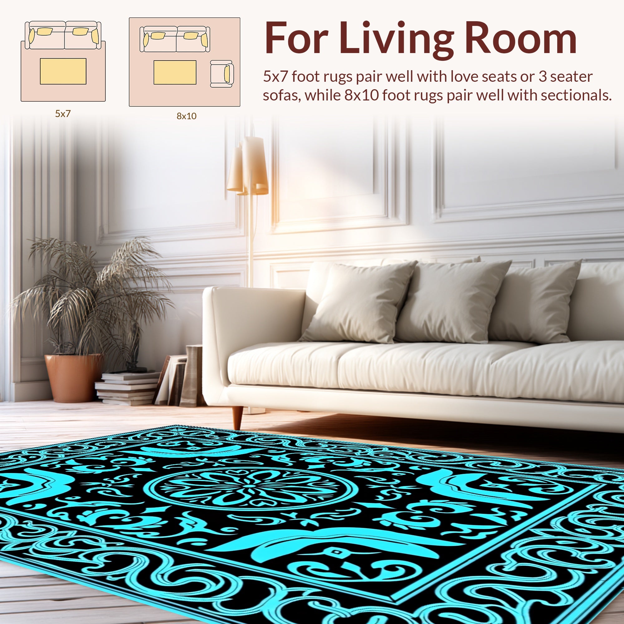 Retro Teal Scrollwork Floral Pattern Rug
