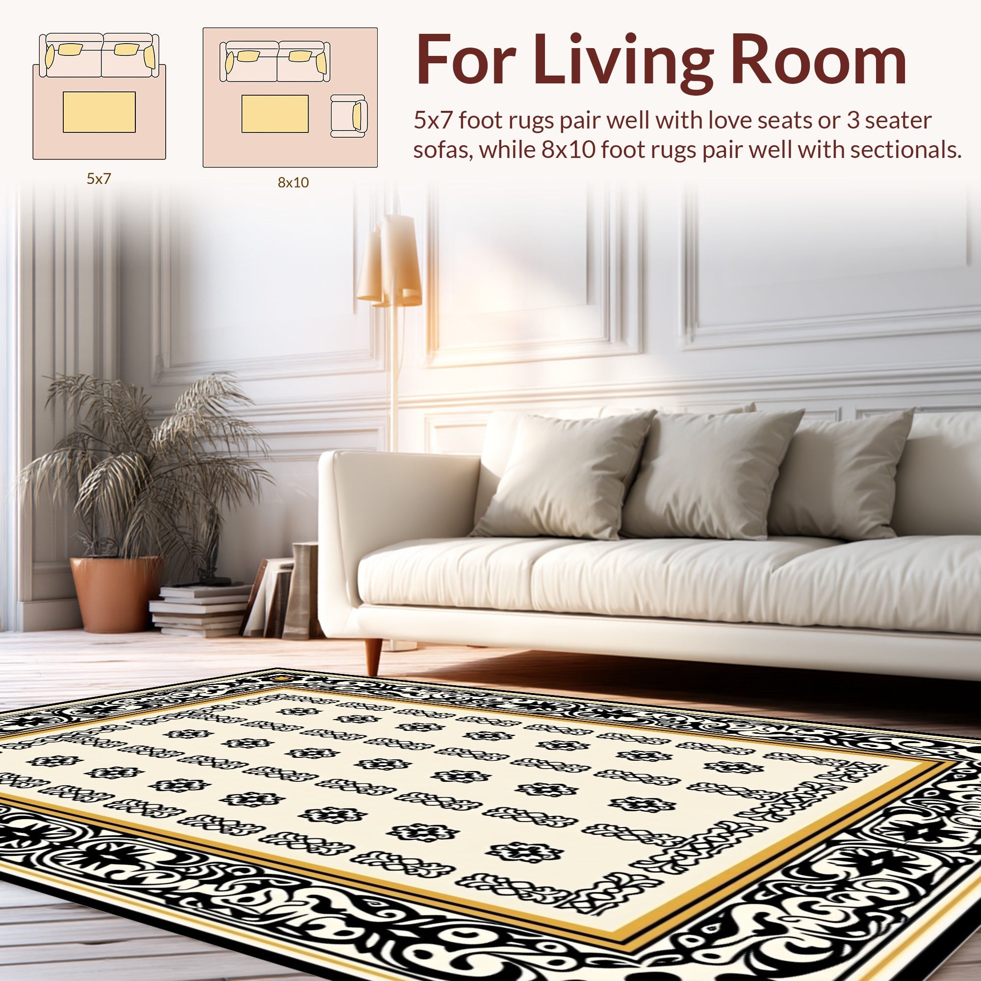 Black Gold Floral Border Design Rug