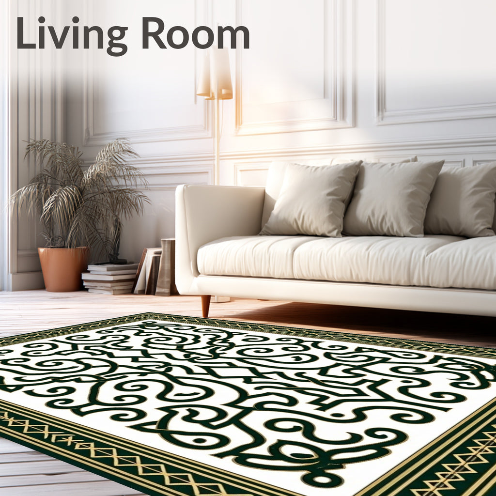 Dark Green White Scroll Filigree Border Rug