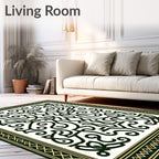 Dark Green White Scroll Filigree Border Rug