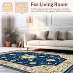 Classic Floral Bordered Cream Blue Rug