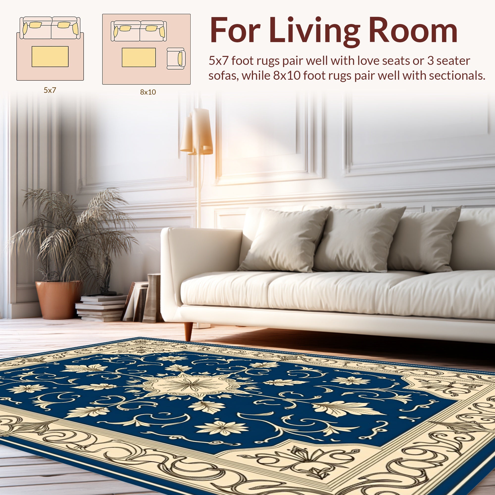 Classic Floral Bordered Cream Blue Rug