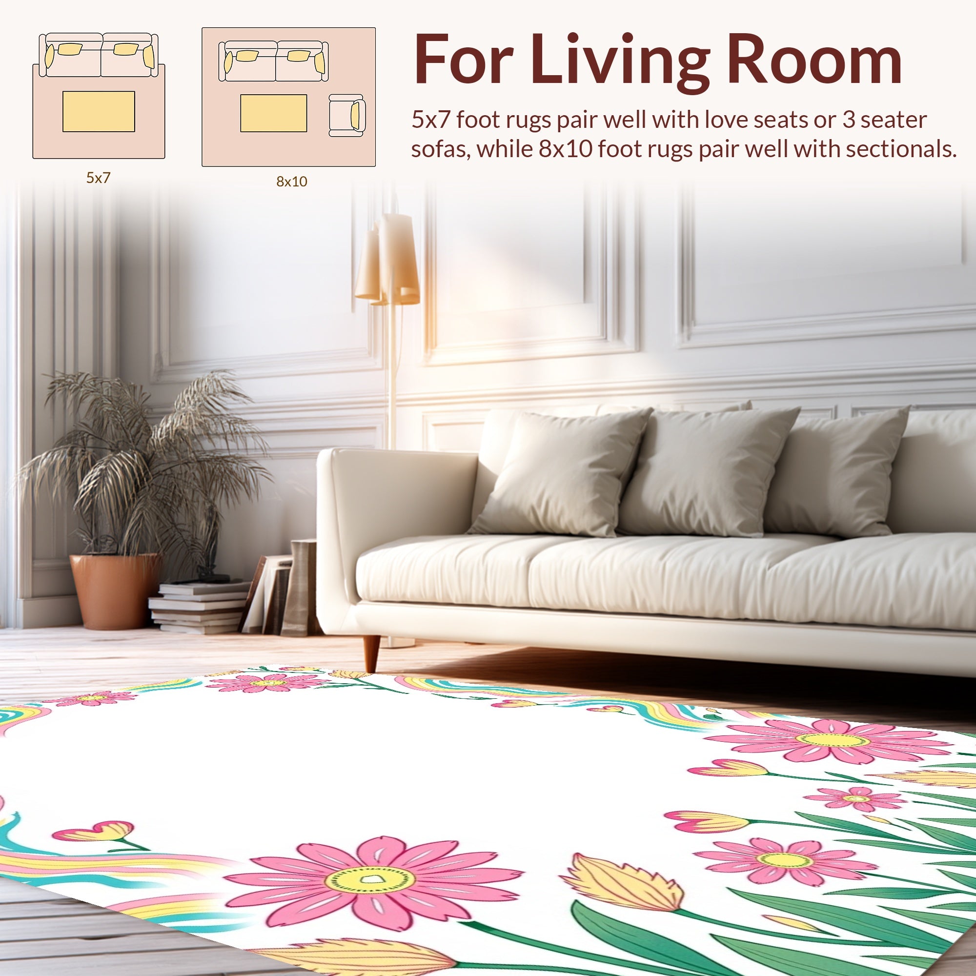 Whimsical Floral Rainbow Border Design Rug