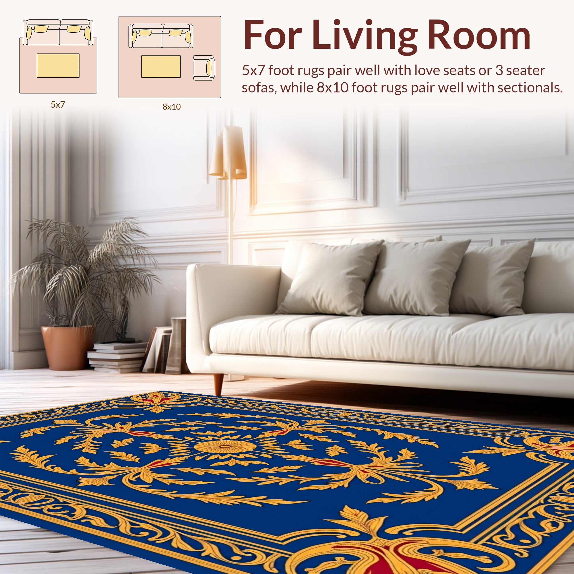 Elaborate Blue Gold Leaf Pattern Rug
