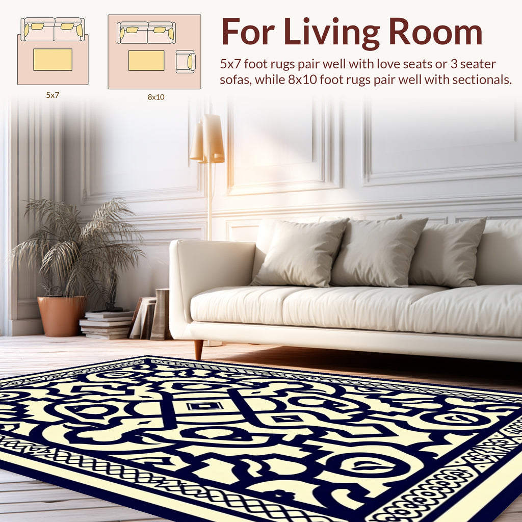Intricate Indigo And Cream Pattern Rug