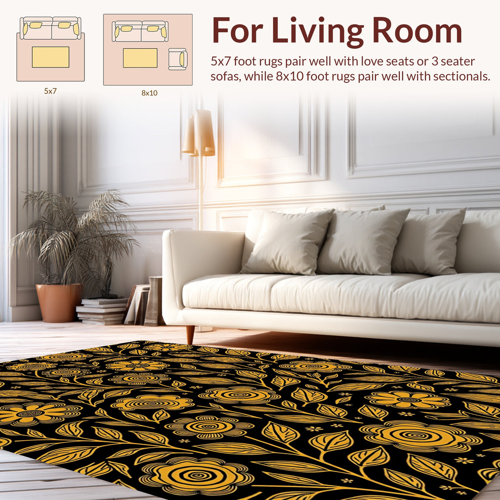Golden Floral Vine Dark Ground Rug
