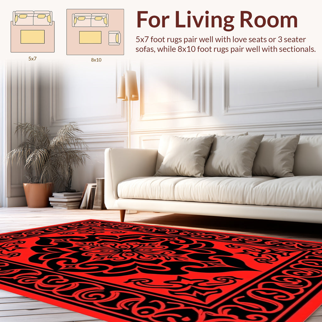 Bold Red Black Floral Border Rug