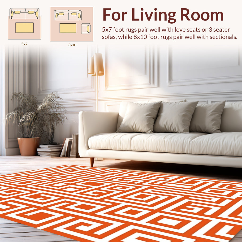 Orange White Geometric Maze Pattern Rug