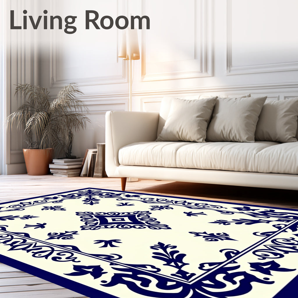 Navy Blue Ornate Diamond Border Rug
