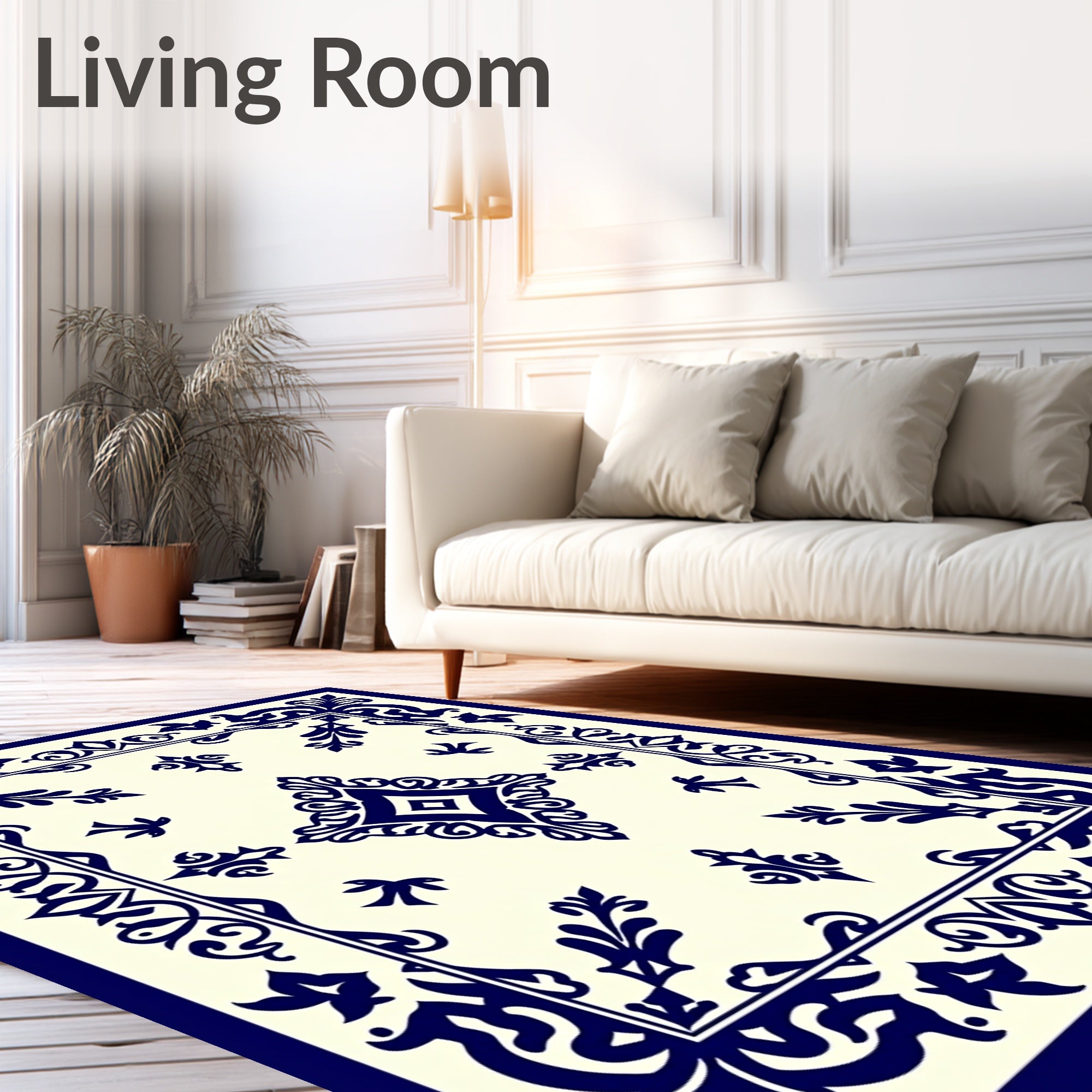Navy Blue Ornate Diamond Border Rug