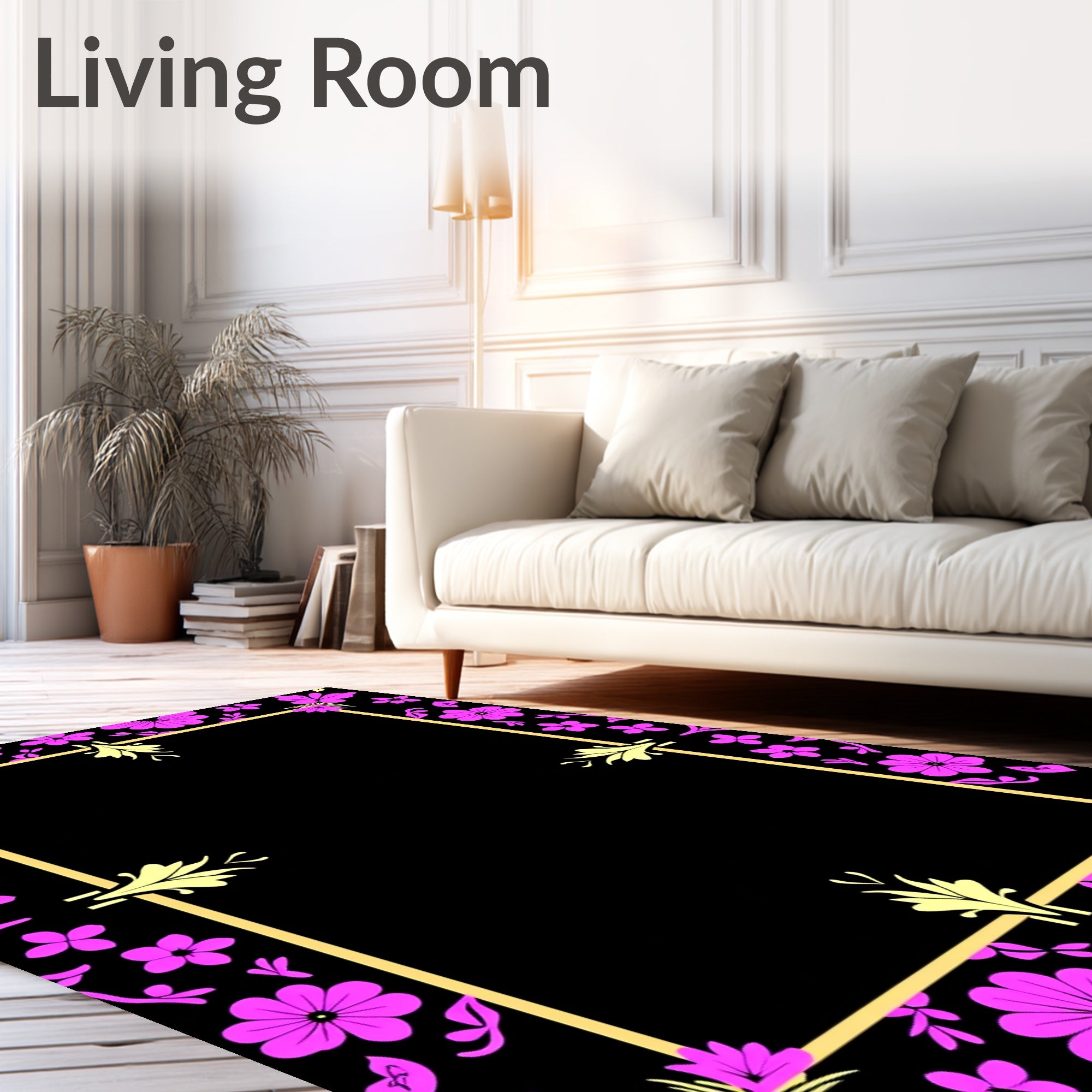 Pink Floral Golden Frame Motif Rug
