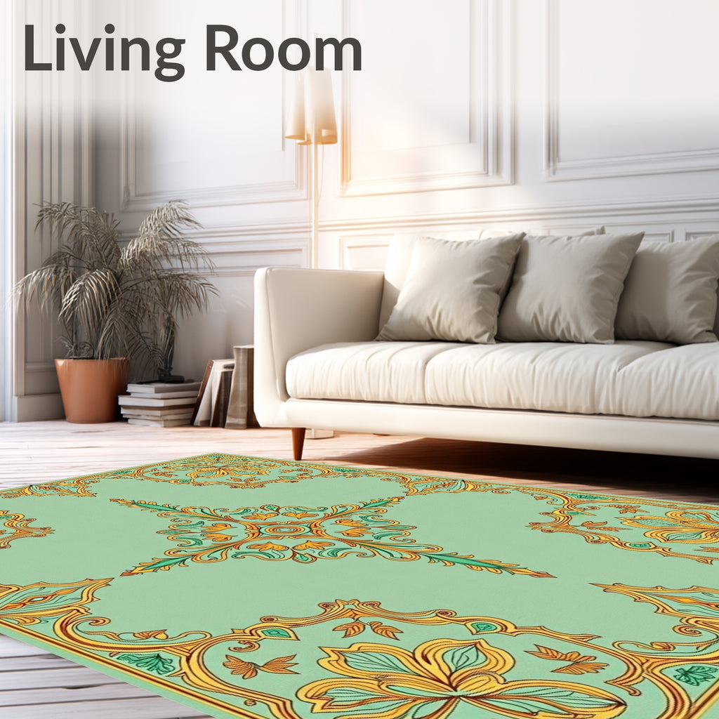Mint Green Golden Floral Scroll Medallion Rug