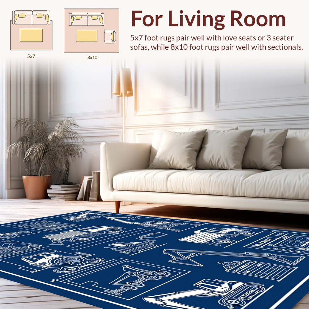 Construction Equipment Blueprint Art Rug
