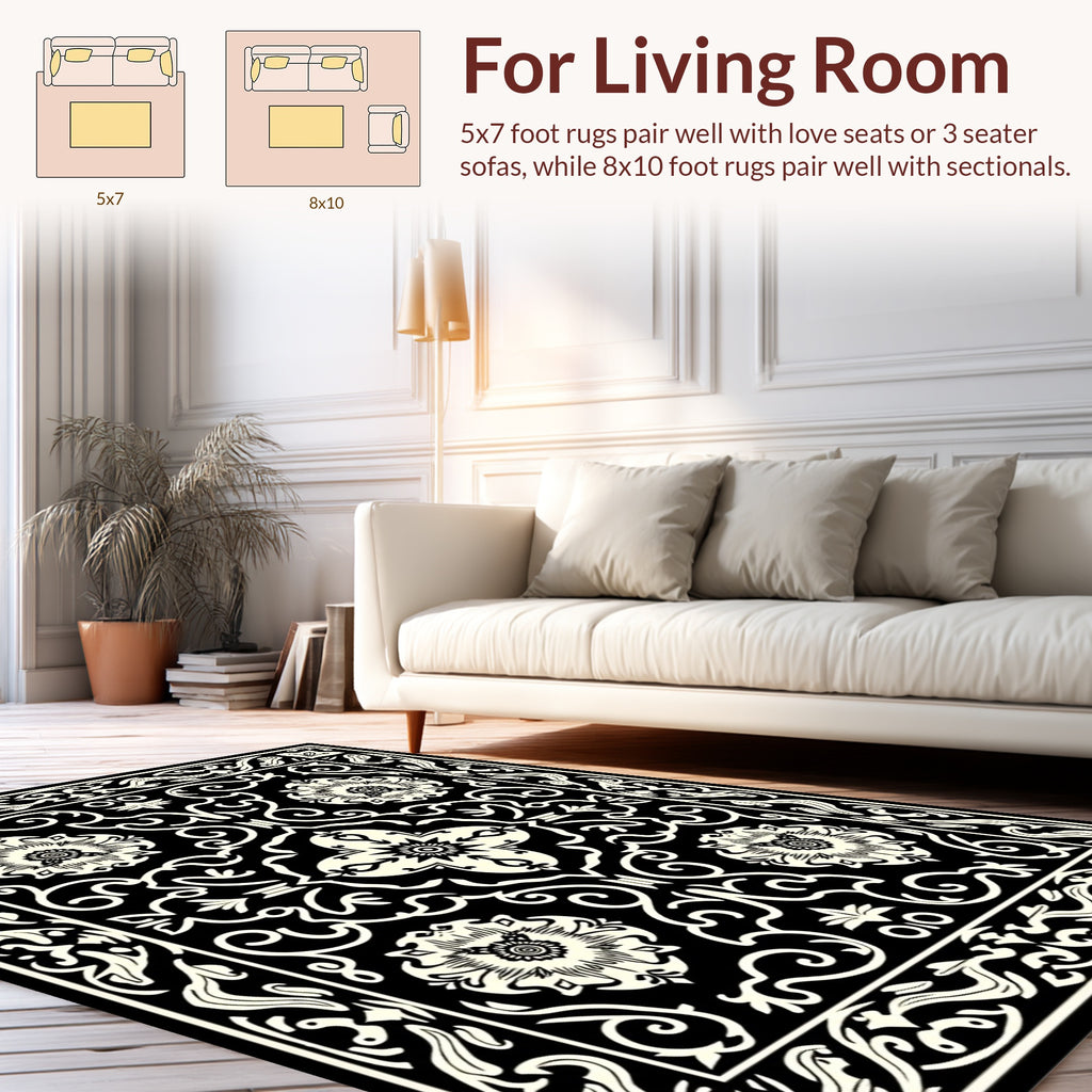Classic Black Floral Vine Pattern Rug
