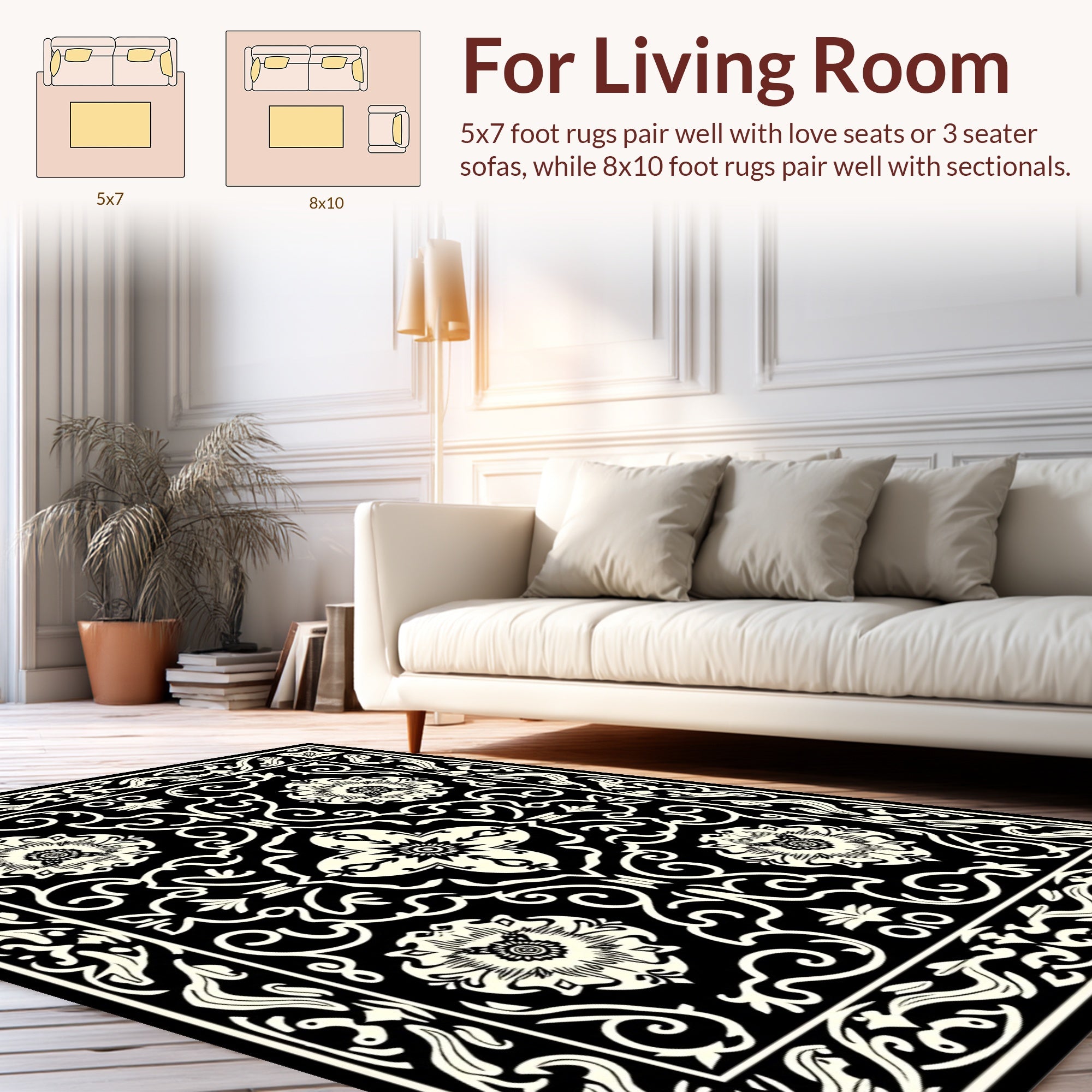 Classic Black Floral Vine Pattern Rug