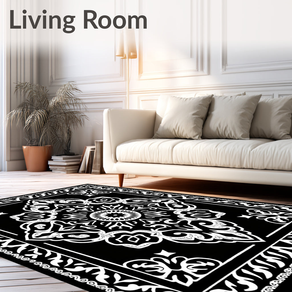 Black White Ornamental Medallion Frame Rug