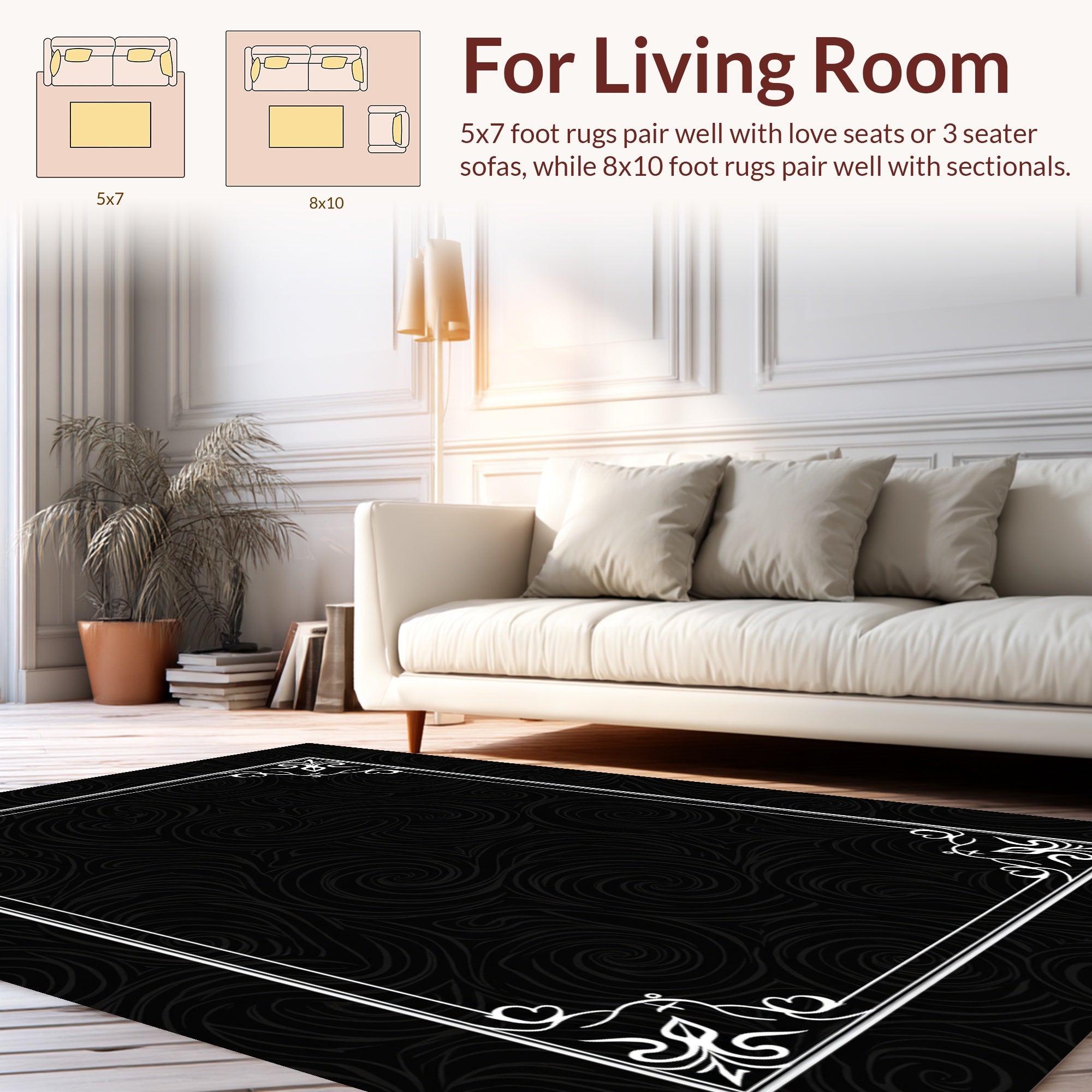 Ornate Black Swirl Floral Design Rug