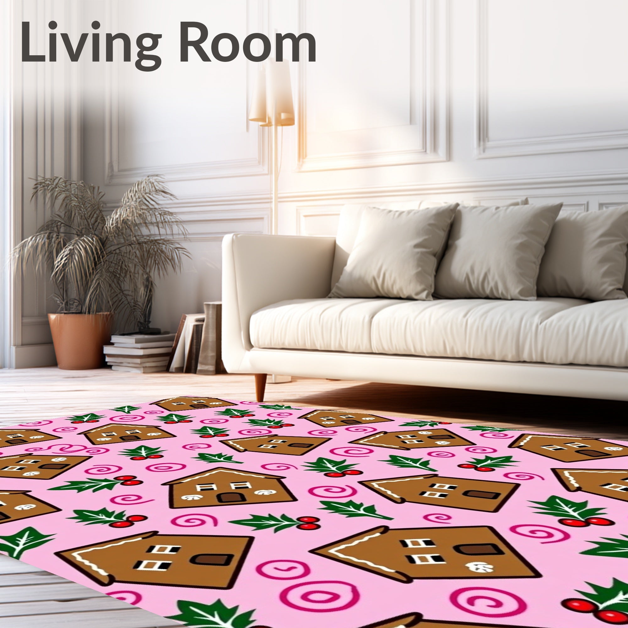 Pink Gingerbread Houses Holly Berries Swirls Rug